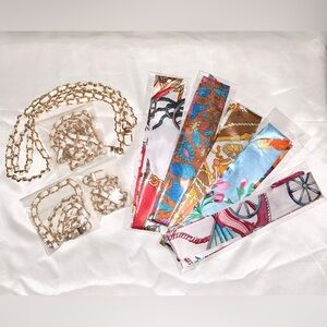 NIP - Elegant Gold Leather & Chain Strap and Colorful Bag Scarf Bundle